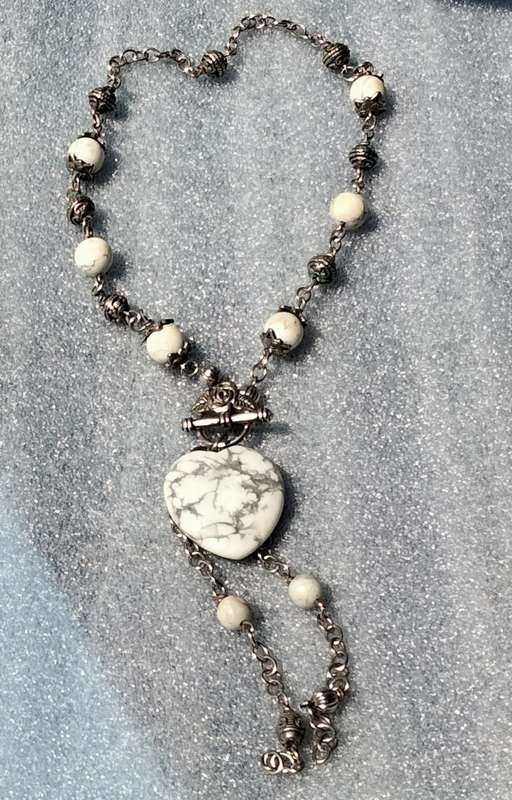 Necklace - Heart Marble Rose Toggle worn to front dangles spacers VTG style Silver Tone metal