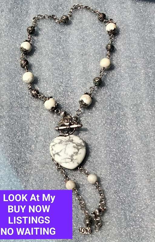 Necklace - Heart Marble Rose Toggle worn to front dangles spacers VTG style Silver Tone metal