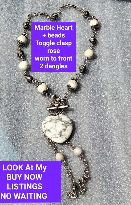 Necklace - Heart Marble Rose Toggle worn to front dangles spacers VTG style Silver Tone metal