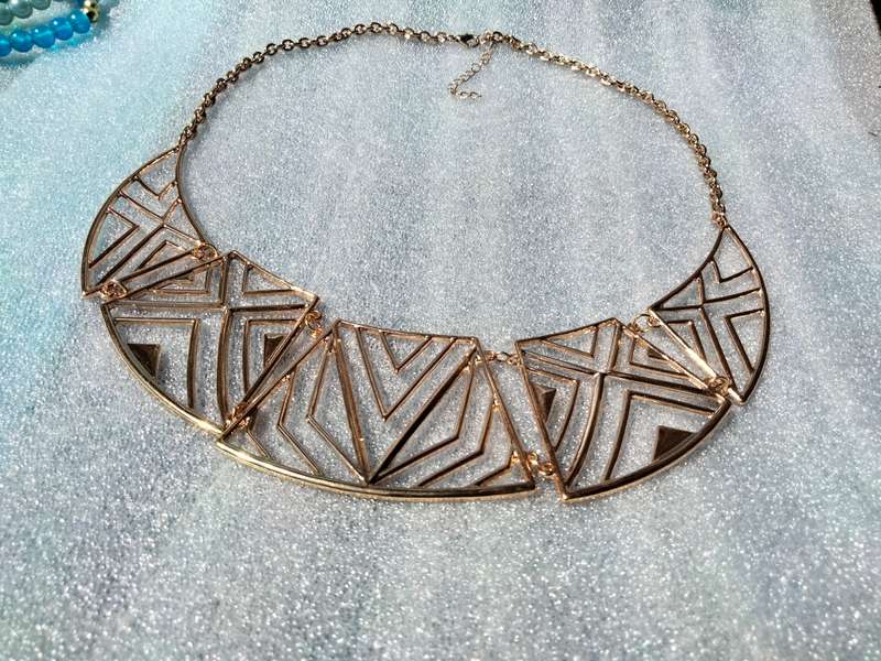 2 Necklaces - Bib Pearls Faux 3 Blues  strands small gold ball spacers+MODERN Deco style Choker