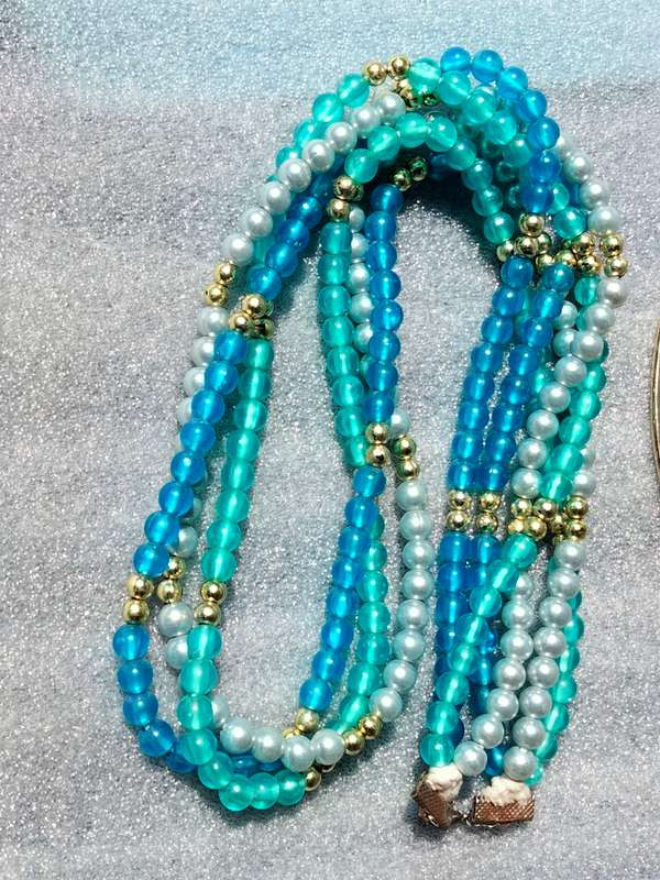 2 Necklaces - Bib Pearls Faux 3 Blues  strands small gold ball spacers+MODERN Deco style Choker