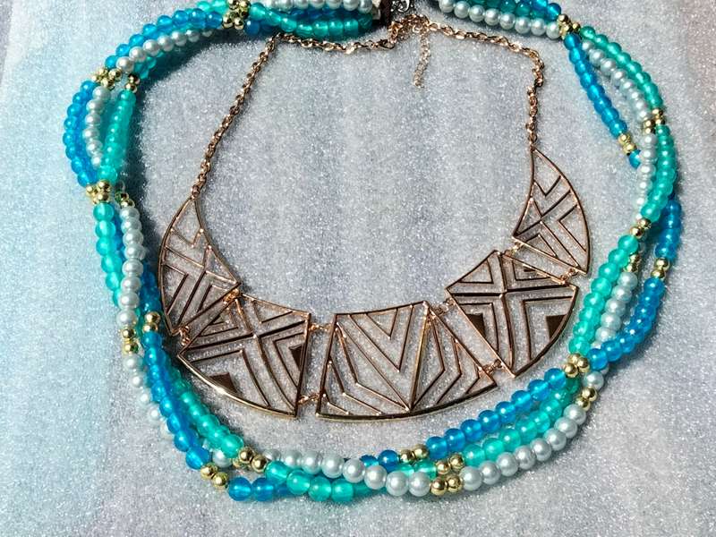 2 Necklaces - Bib Pearls Faux 3 Blues  strands small gold ball spacers+MODERN Deco style Choker