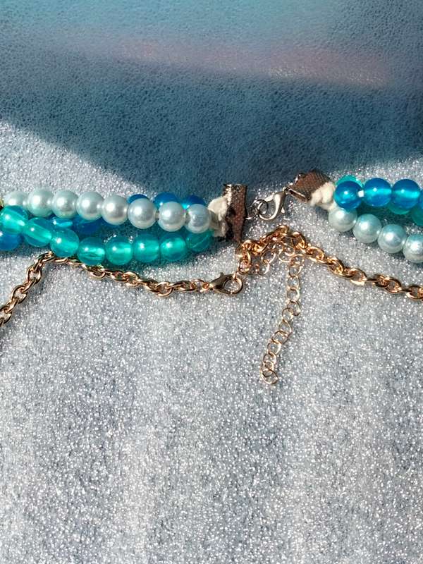2 Necklaces - Bib Pearls Faux 3 Blues  strands small gold ball spacers+MODERN Deco style Choker