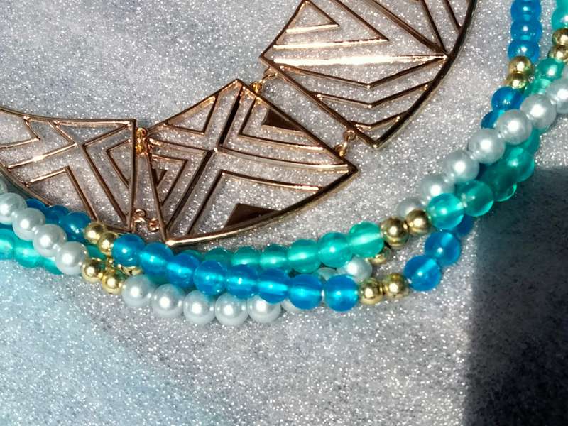 2 Necklaces - Bib Pearls Faux 3 Blues  strands small gold ball spacers+MODERN Deco style Choker
