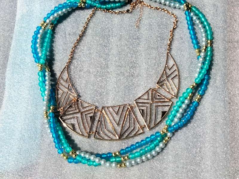 2 Necklaces - Bib Pearls Faux 3 Blues  strands small gold ball spacers+MODERN Deco style Choker