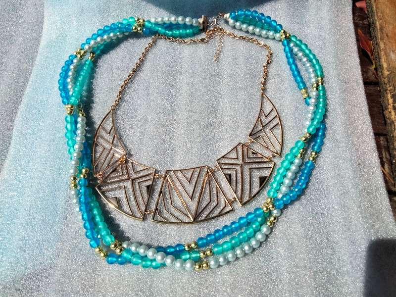 2 Necklaces - Bib Pearls Faux 3 Blues  strands small gold ball spacers+MODERN Deco style Choker