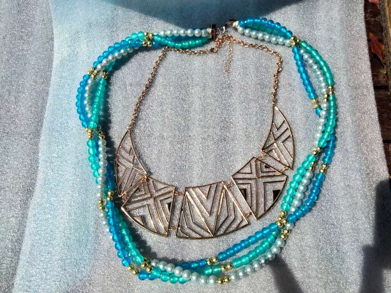 2 Necklaces - Bib Pearls Faux 3 Blues  strands small gold ball spacers+MODERN Deco style Choker