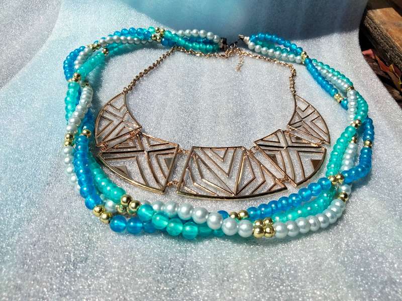 2 Necklaces - Bib Pearls Faux 3 Blues  strands small gold ball spacers+MODERN Deco style Choker