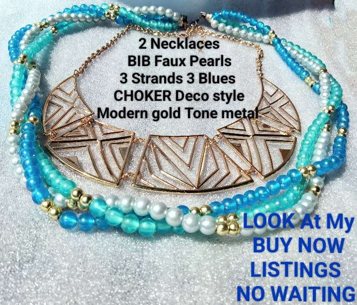 2 Necklaces - Bib Pearls Faux 3 Blues  strands small gold ball spacers+MODERN Deco style Choker