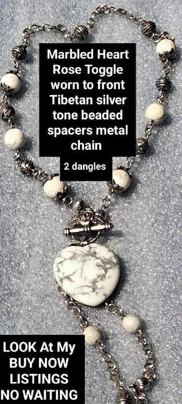 Necklace - Heart Marble Rose Toggle worn to front dangles spacers VTG style Silver Tone metal