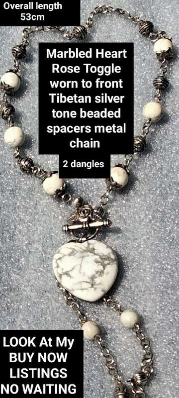 Necklace - Heart Marble Rose Toggle worn to front dangles spacers VTG style Silver Tone metal