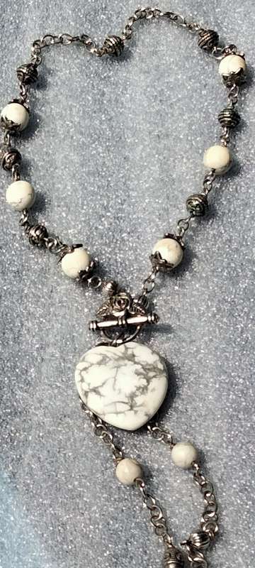 Necklace - Heart Marble Rose Toggle worn to front dangles spacers VTG style Silver Tone metal