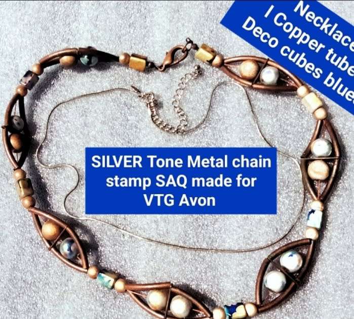 2 Necklaces -Copper tubes Deco Cut beads roundel cubes+1 Silver tone Chain marked SAQ made for Avon