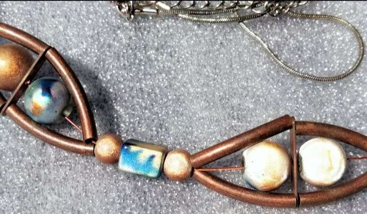 2 Necklaces -Copper tubes Deco Cut beads roundel cubes+1 Silver tone Chain marked SAQ made for Avon