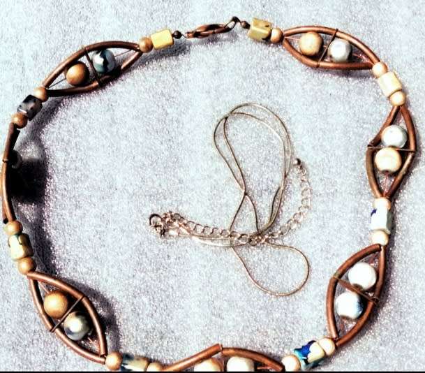 2 Necklaces -Copper tubes Deco Cut beads roundel cubes+1 Silver tone Chain marked SAQ made for Avon