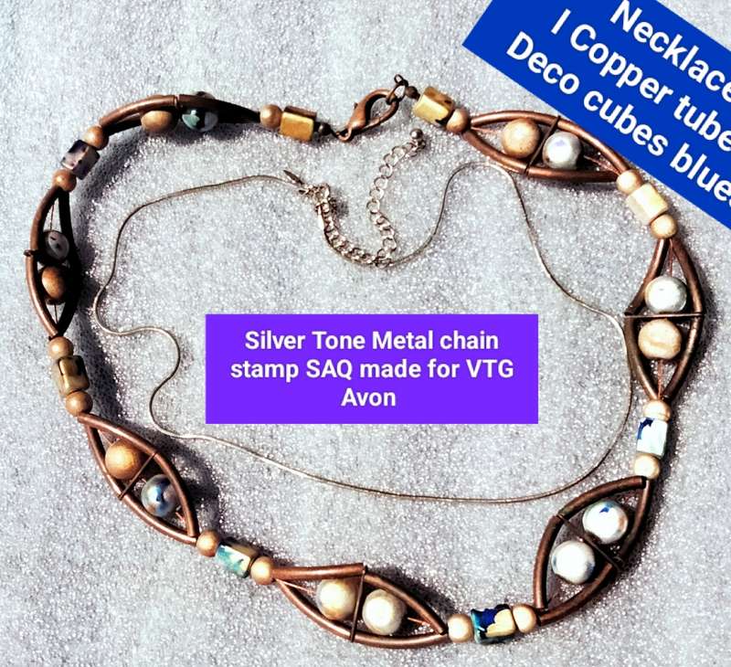 2 Necklaces -Copper tubes Deco Cut beads roundel cubes+1 Silver tone Chain marked SAQ made for Avon