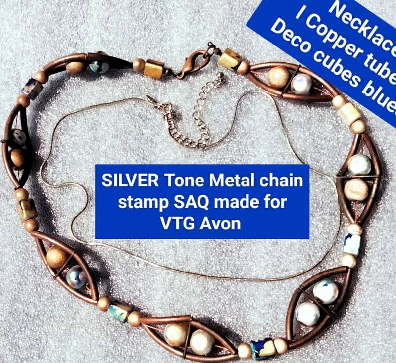 2 Necklaces -Copper tubes Deco Cut beads roundel cubes+1 Silver tone Chain marked SAQ made for Avon