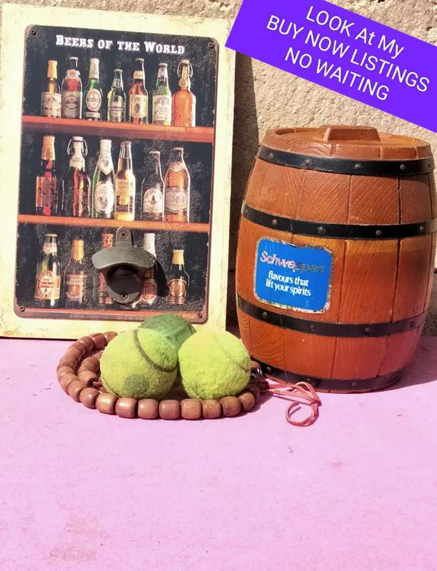 6 *PUB STUFF *Wall mounted METAL BOTTLE OPENER+Schweppes Ice Bucket3 balls 2 Tennis+Surfer Necklace