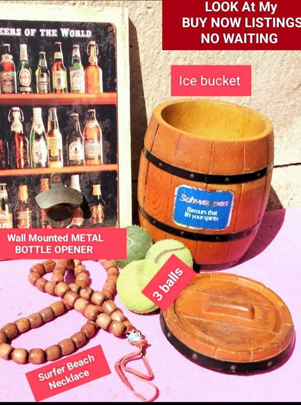 6 *PUB STUFF *Wall mounted METAL BOTTLE OPENER+Schweppes Ice Bucket3 balls 2 Tennis+Surfer Necklace