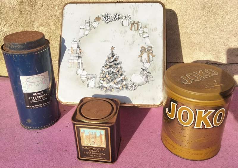 4 TIN 3 Tea Tins -2 have tea old tea leaves in- 1 Joko empty+Biscuits empty