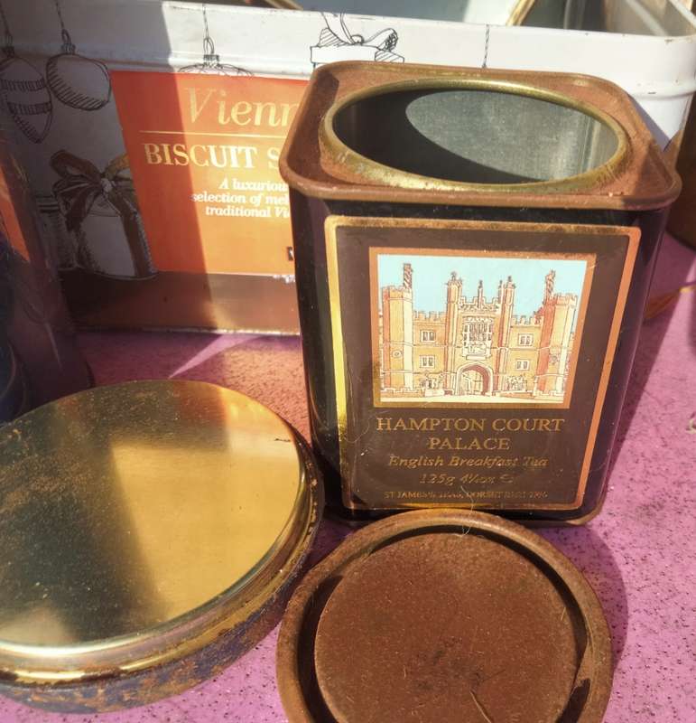 4 TIN 3 Tea Tins -2 have tea old tea leaves in- 1 Joko empty+Biscuits empty