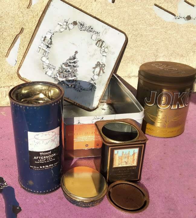 4 TIN 3 Tea Tins -2 have tea old tea leaves in- 1 Joko empty+Biscuits empty