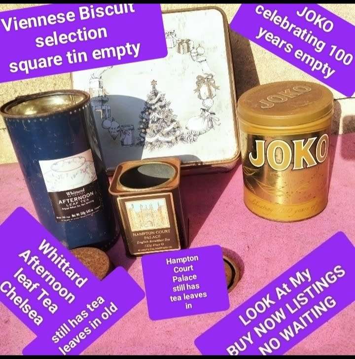 4 TIN 3 Tea Tins -2 have tea old tea leaves in- 1 Joko empty+Biscuits empty