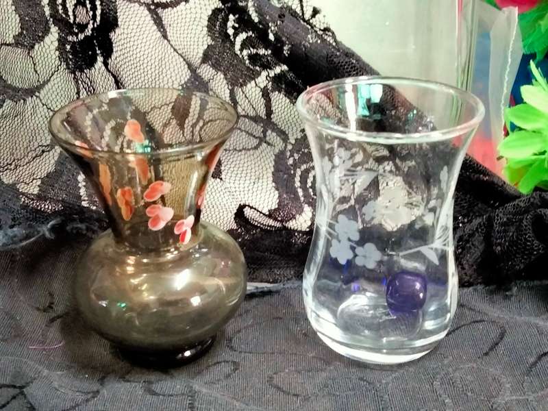 VASES -2 Posy Bud Glass 1 Smokey hand painted pink blossoms 1 clear swirl glass etched flowers LOOK