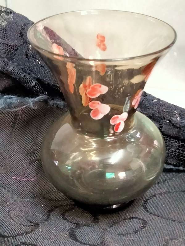 VASES -2 Posy Bud Glass 1 Smokey hand painted pink blossoms 1 clear swirl glass etched flowers LOOK