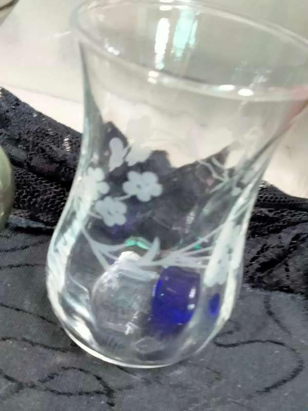 VASES -2 Posy Bud Glass 1 Smokey hand painted pink blossoms 1 clear swirl glass etched flowers LOOK