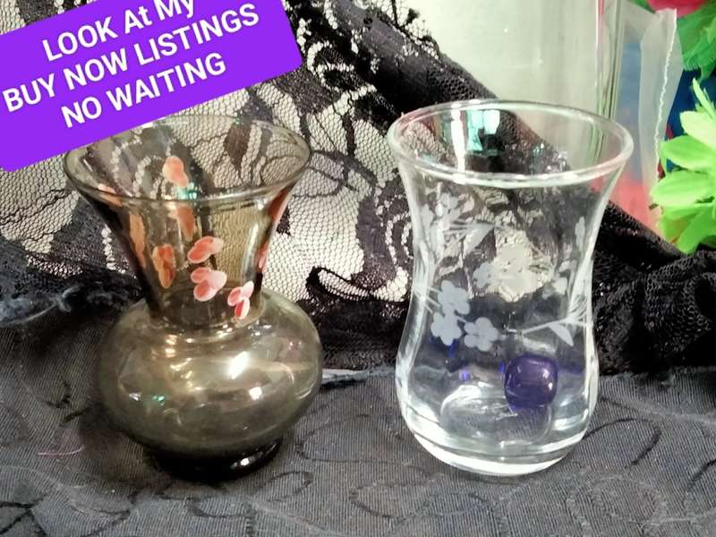 VASES -2 Posy Bud Glass 1 Smokey hand painted pink blossoms 1 clear swirl glass etched flowers LOOK