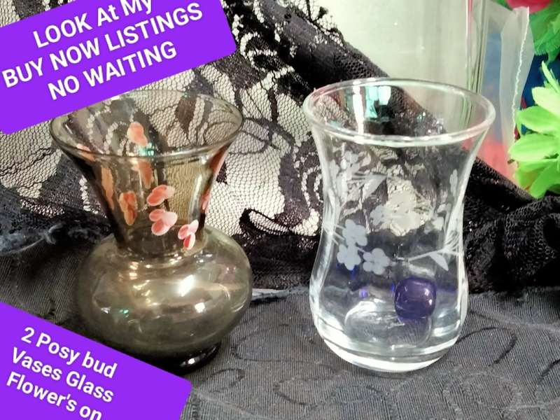 VASES -2 Posy Bud Glass 1 Smokey hand painted pink blossoms 1 clear swirl glass etched flowers LOOK