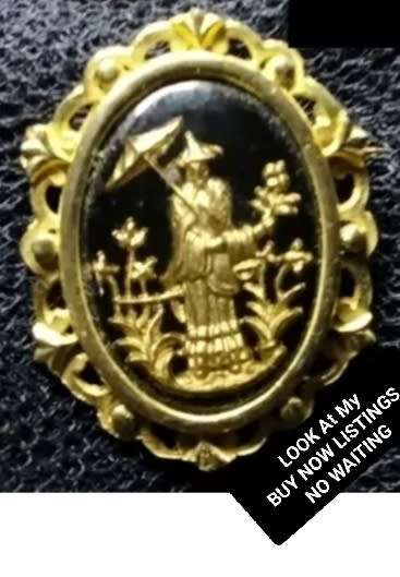 BROOCH - Basalt has gold Oriental Lady Garden Scene  Glass dome cover LOOK At My BUY NOW *NO WAITING