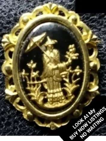 BROOCH - Basalt has gold Oriental Lady Garden Scene  Glass dome cover LOOK At My BUY NOW *NO WAITING