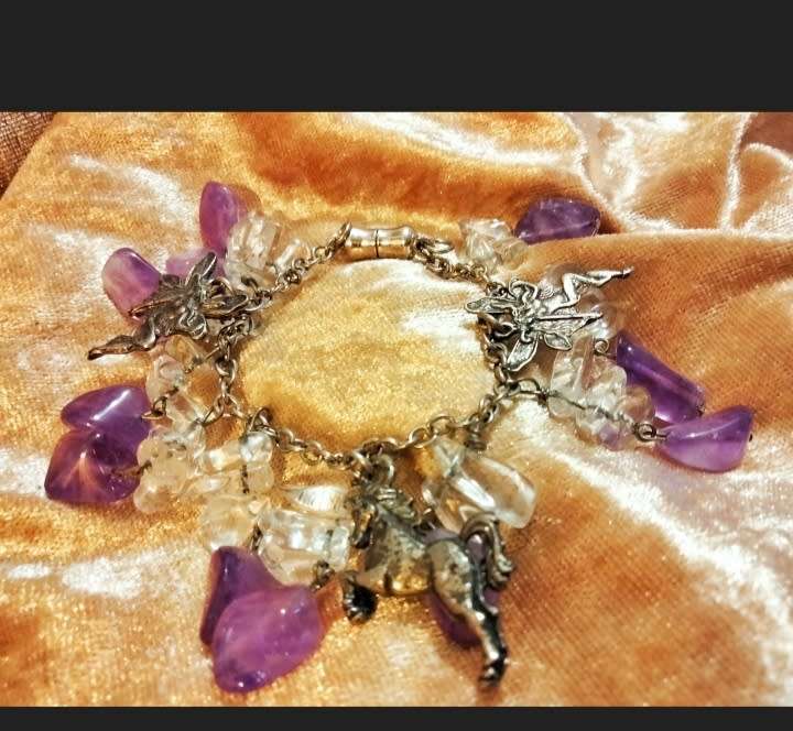 Bracelet -Amethyst gemstones Silver Tone chain+charms Silver Tone LOOK At My  BUY NOW* NO WAITING