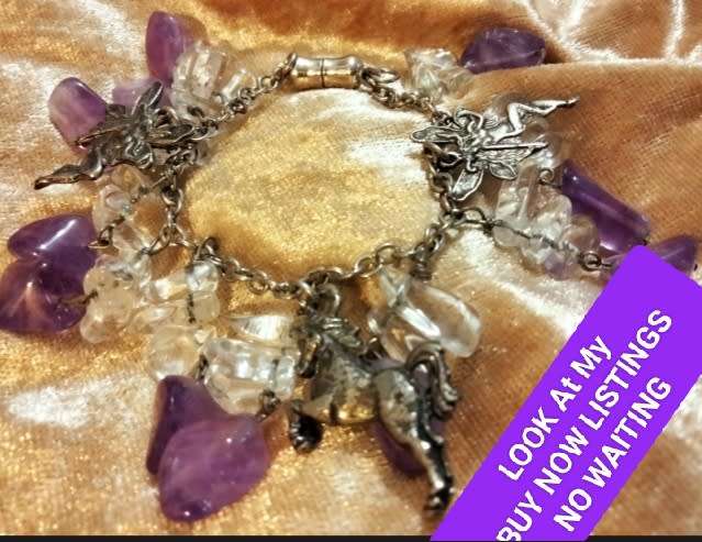 Bracelet -Amethyst gemstones Silver Tone chain+charms Silver Tone LOOK At My  BUY NOW* NO WAITING