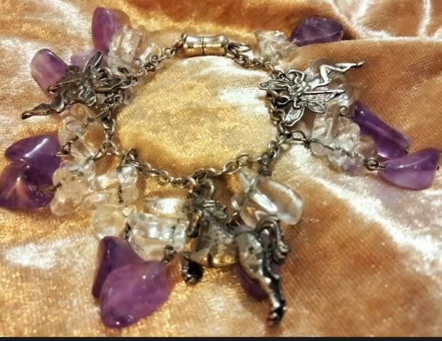 Bracelet -Amethyst gemstones Silver Tone chain+charms Silver Tone LOOK At My  BUY NOW* NO WAITING