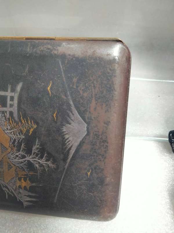 Cigarette Case - oriental damask Mount Fuji scene Iron silver gold K 24