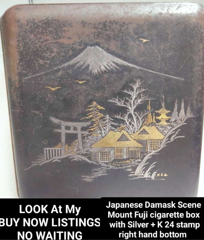 Cigarette Case - oriental damask Mount Fuji scene Iron silver gold K 24