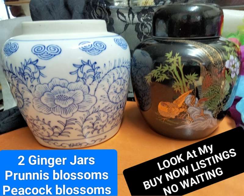 Oriental 2 Ginger Jars 1white blue Prunnis Flowers +1Peacocks Gilt trim LOOK AtMy BUY NOW*NO WAITING