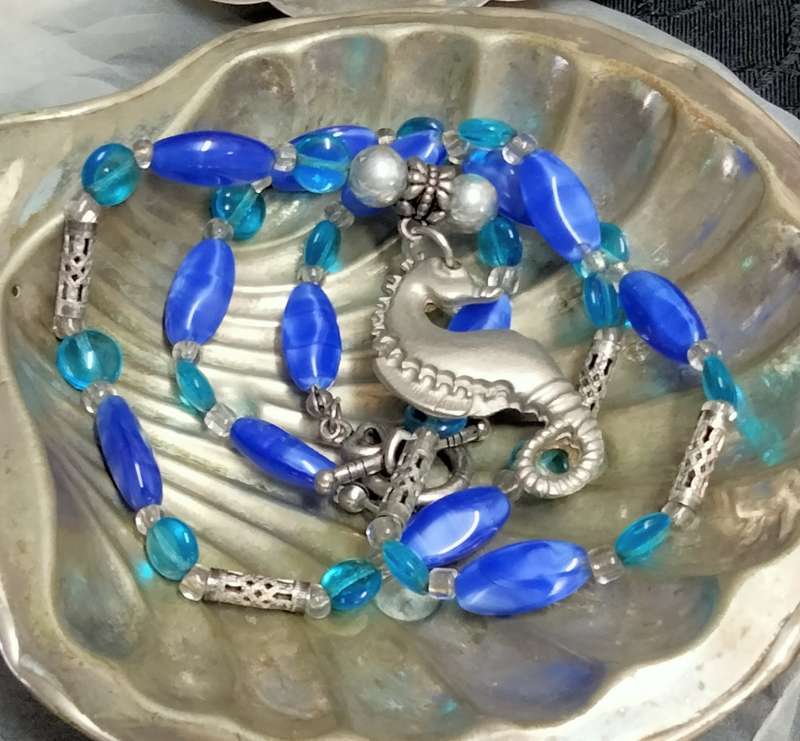 Necklace +SEA HORSE metal Pendant Glass Beads Blue +Turquoise LOOK At My BUY NOW items NO WAITING