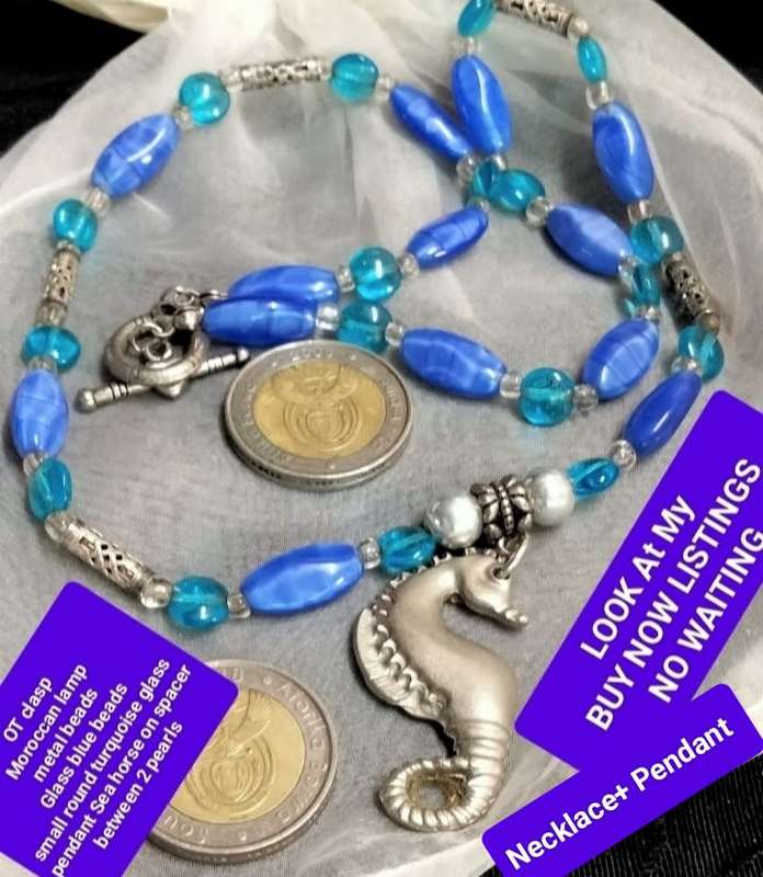 Necklace +SEA HORSE metal Pendant Glass Beads Blue +Turquoise LOOK At My BUY NOW items NO WAITING