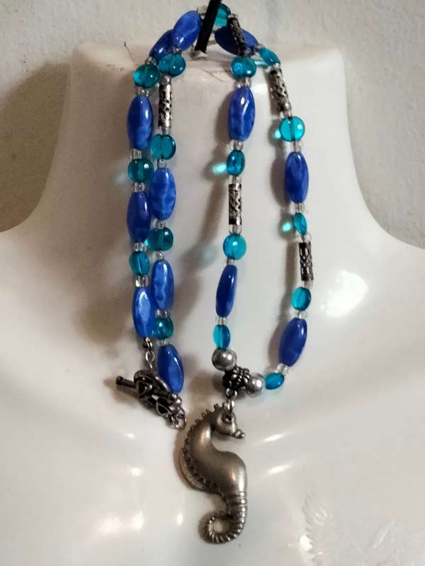 Necklace +SEA HORSE metal Pendant Glass Beads Blue +Turquoise LOOK At My BUY NOW items NO WAITING