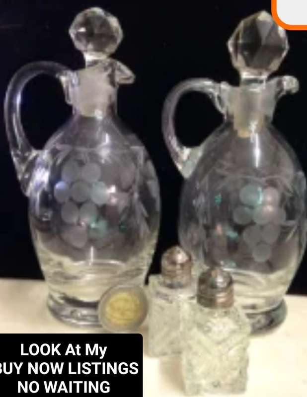 Condiment decanters 2 Grape Cut Oil+ Vinegar Glass bottles+ 2 salt shaker LOOK At My BUY NOW LISTING