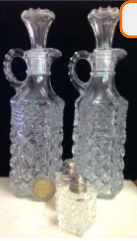 Cut Glass Crystal Oil+Vinegar Condiment set 2 decanters 2 salts EPNS lidLOOK At My BUY NOW LISTING