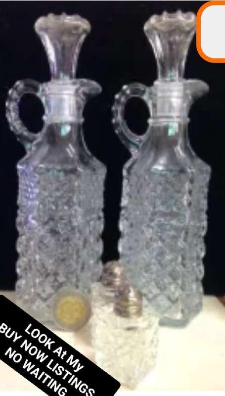 Cut Glass Crystal Oil+Vinegar Condiment set 2 decanters 2 salts EPNS lidLOOK At My BUY NOW LISTING