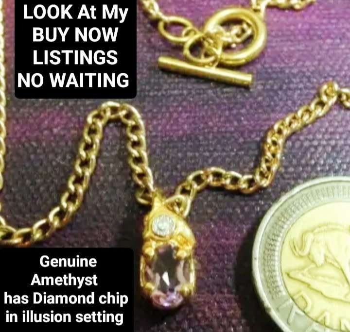 Post-Ordered Circa 1965to1975 Gold tone Genuine Amethyst+Diamond chip LOOK At My BUY NOW-NO WAITING