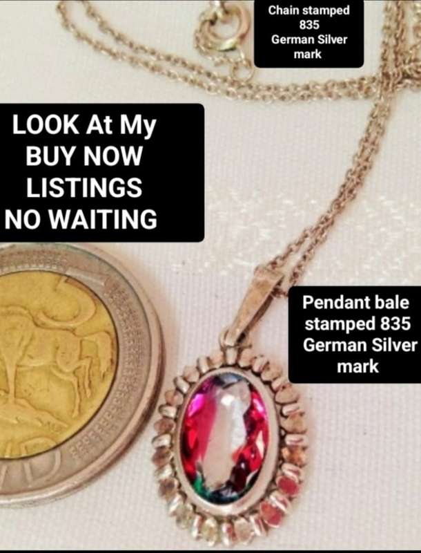 Pendant+chain Stamped 835 theGERMAN Silver mark Watermelon Stone LOOK At My BUY NOW items NO WAITING