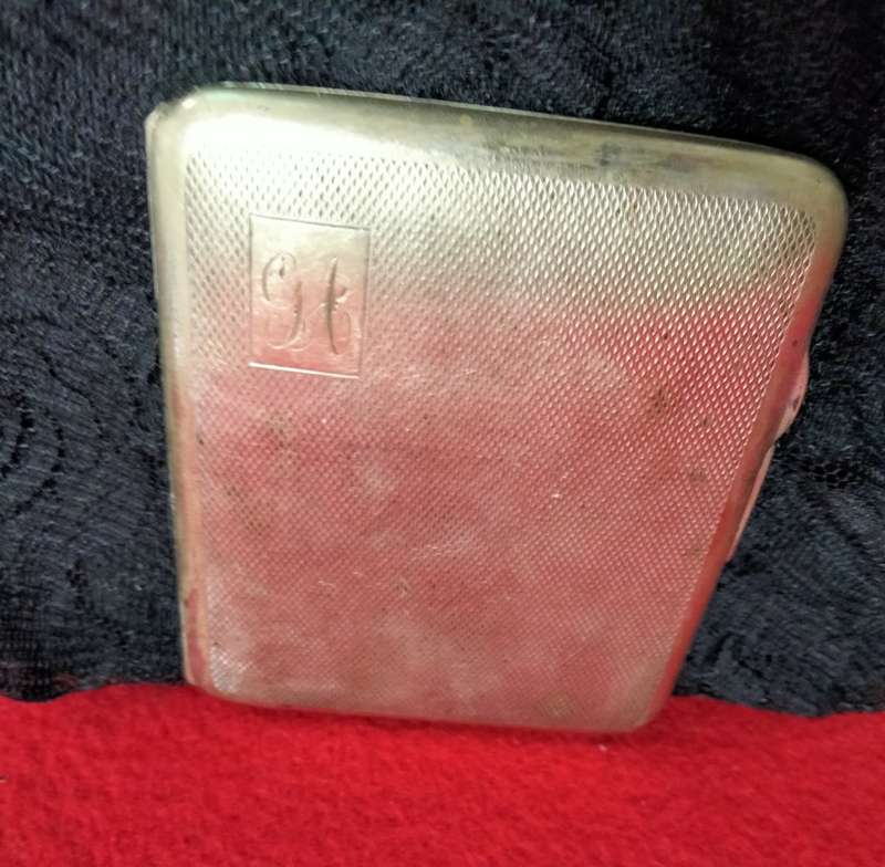 Vintage  Cigarette case - Monogram GA hinged Lid engine turned decor Silver tone metal