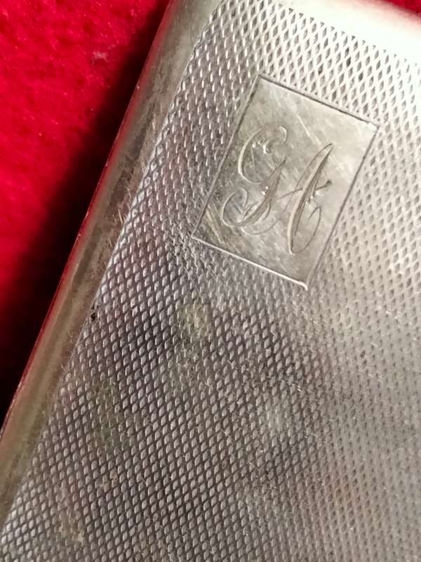 Vintage  Cigarette case - Monogram GA hinged Lid engine turned decor Silver tone metal